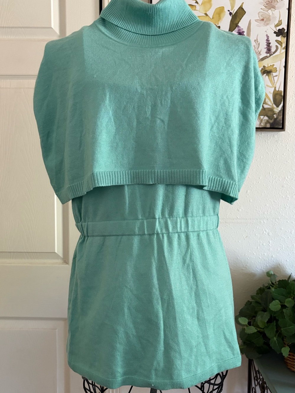 Jessica Mint Green Sleeveless Cape Turtleneck Layered Mini Dress Sweater